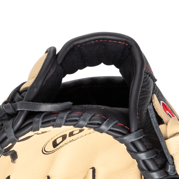 Close-up of a baseball glove showing the black leather finger stalls, tan palm, and red stitching.