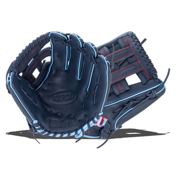 Front view of a navy baseball glove with light blue trim and red stitching, showing the "A500" and "Wilson" logos.