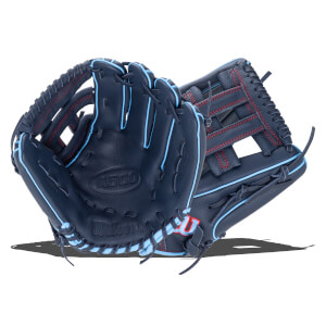 Front view of a navy baseball glove with light blue trim and red stitching, showing the "A500" and "Wilson" logos.