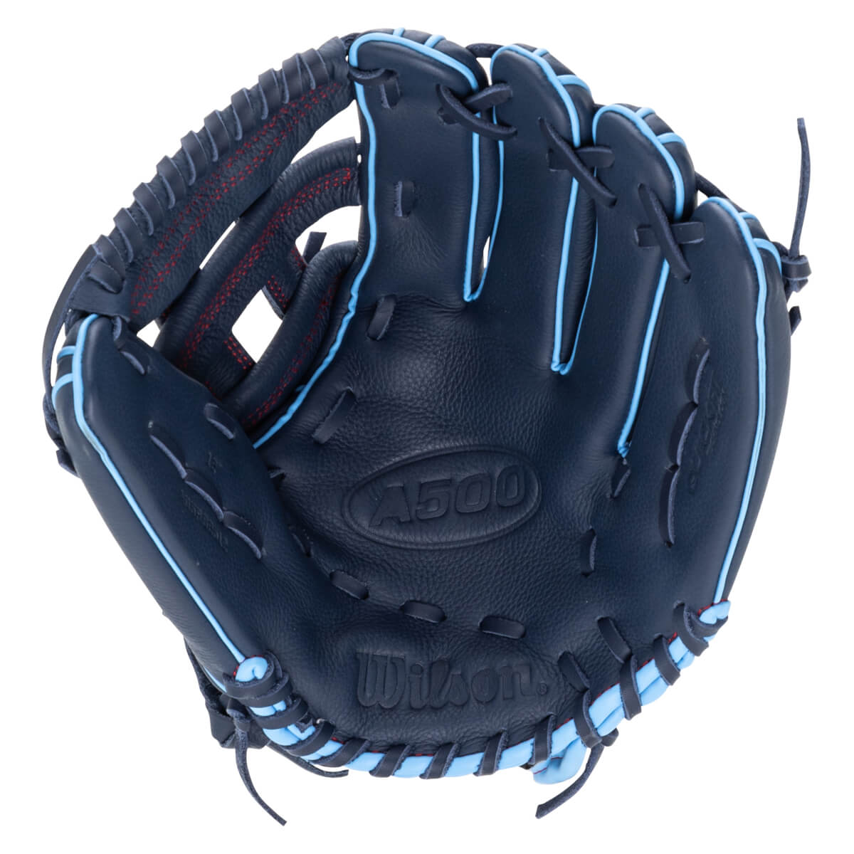 Top-down view of a navy baseball glove with light blue lacing and red stitching, showing the "A500" and "Wilson" logos.