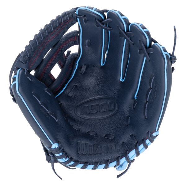 Top-down view of a navy baseball glove with light blue lacing and red stitching, showing the "A500" and "Wilson" logos.