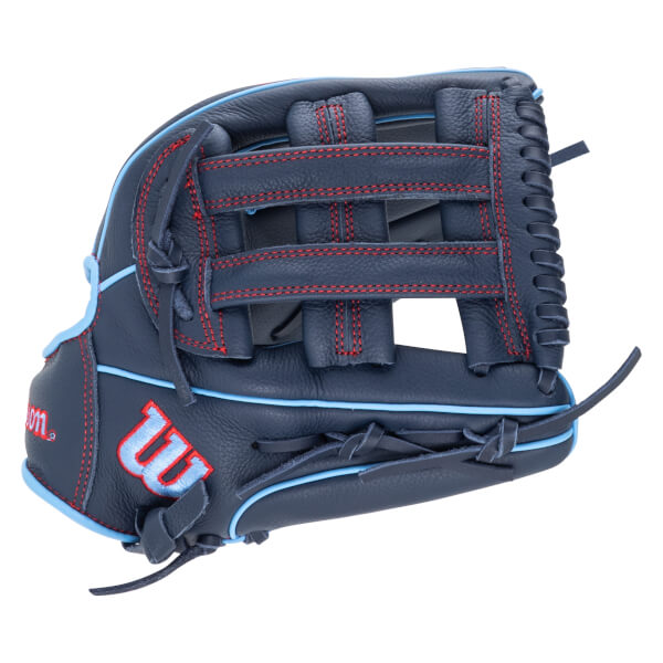 Side view of a navy baseball glove with red stitching and light blue trim, featuring the "W" logo.