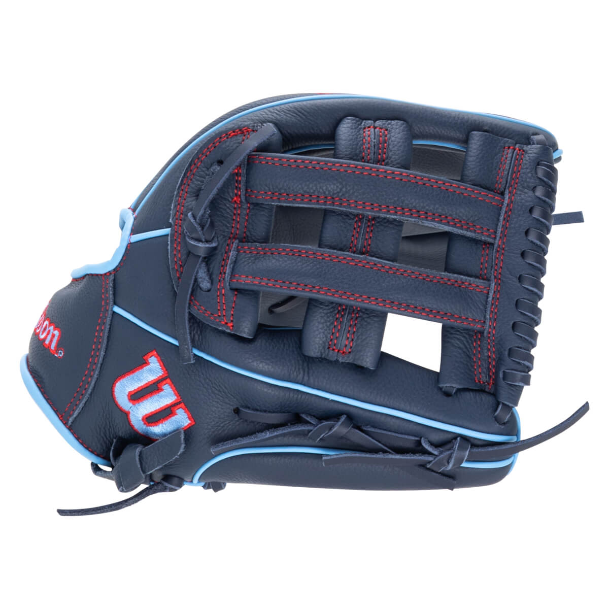 Side view of a navy baseball glove with red stitching and light blue trim, featuring a light blue "W" logo.