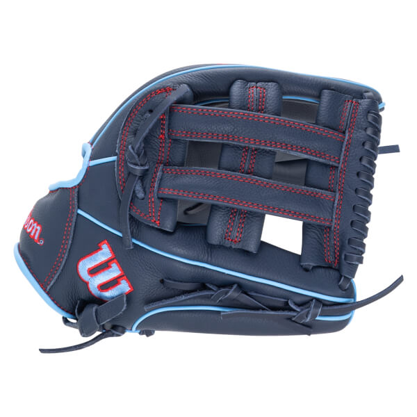 Side view of a navy baseball glove with red stitching and light blue trim, featuring a light blue "W" logo.