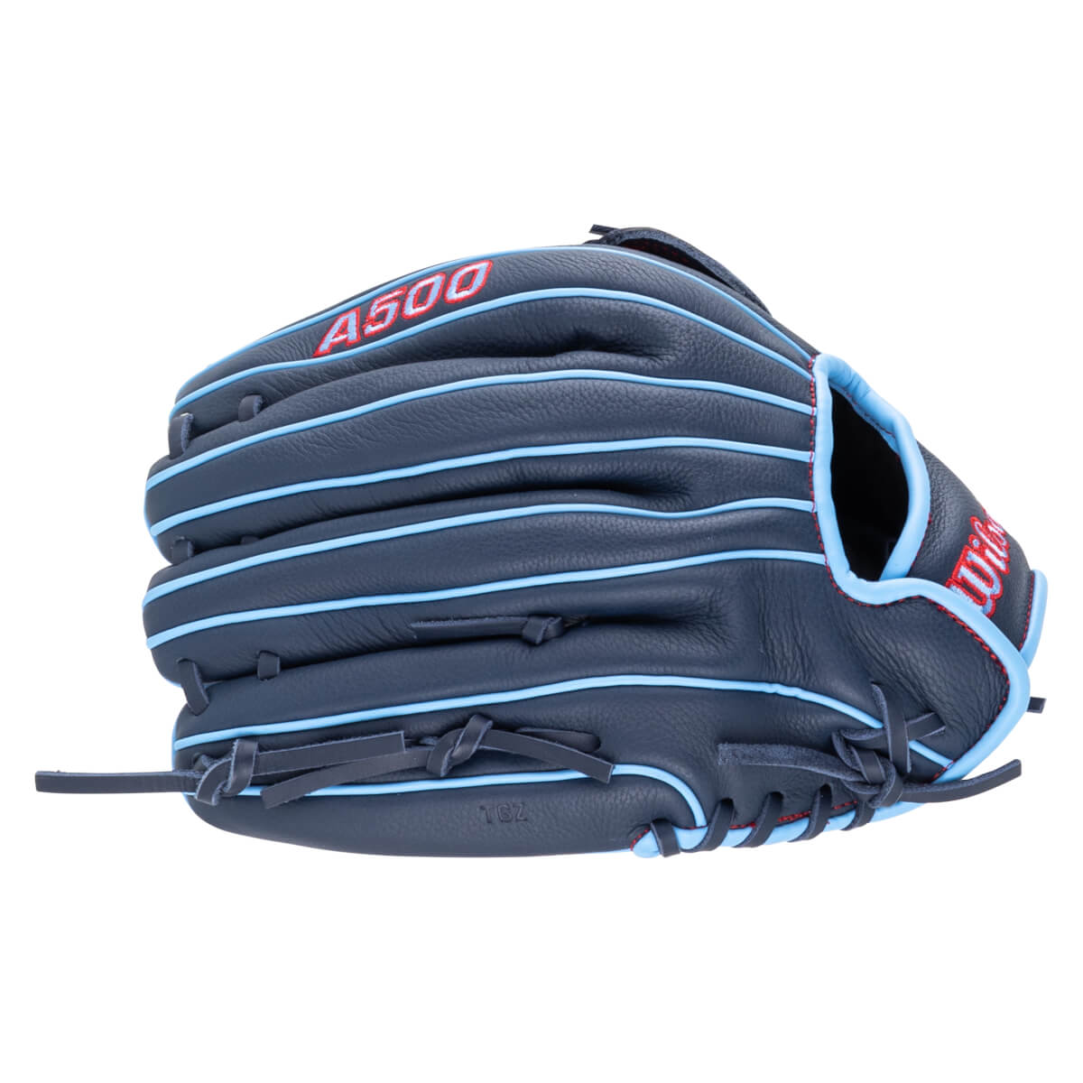 Side view of a navy baseball glove with light blue lacing and red trim, featuring "A500" branding.