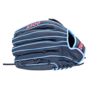 Side view of a navy baseball glove with light blue lacing and red trim, featuring "A500" branding.