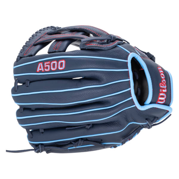 Front view of a navy baseball glove with light blue piping, red "A500" lettering, and red stitching.