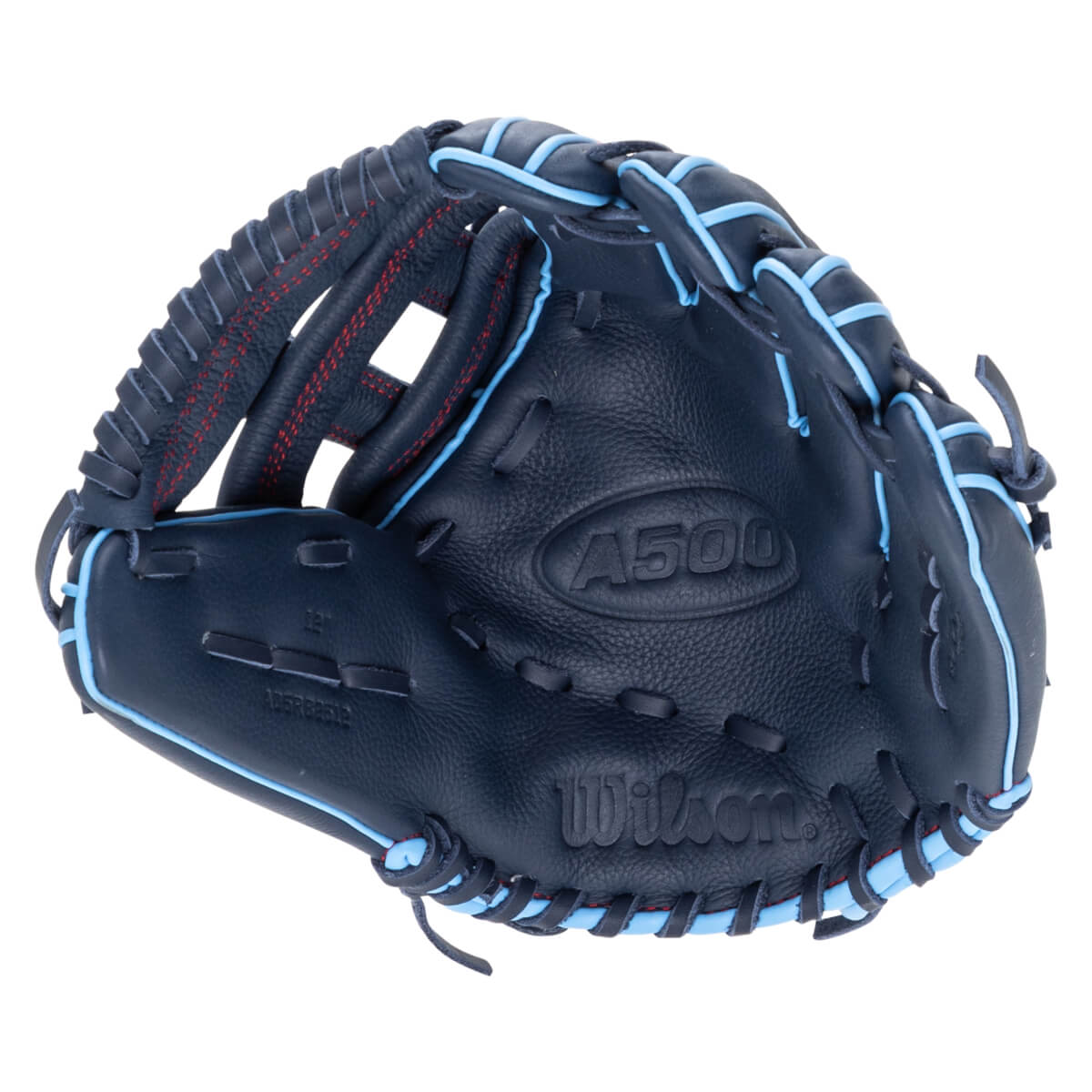 Front view of a navy blue Wilson A500 baseball glove with light blue lacing and red stitching.