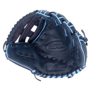 Front view of a navy blue Wilson A500 baseball glove with light blue lacing and red stitching.