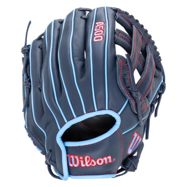 Top-down view of a navy baseball glove with light blue piping, red stitching, and "Wilson" and "A500" logos.