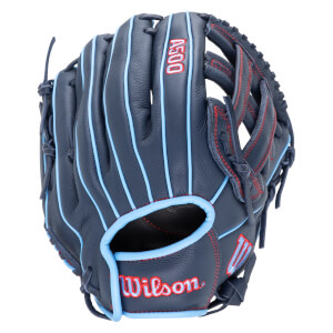 Top-down view of a navy baseball glove with light blue piping, red stitching, and "Wilson" and "A500" logos.