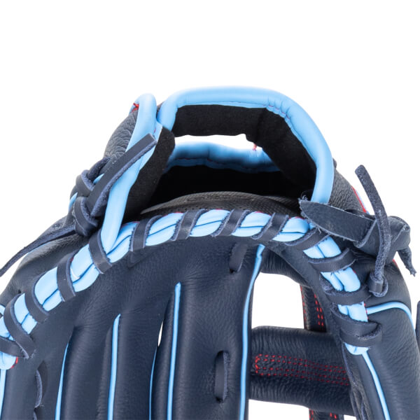 Close-up of a navy baseball glove's interior showing light blue padding and red stitching.