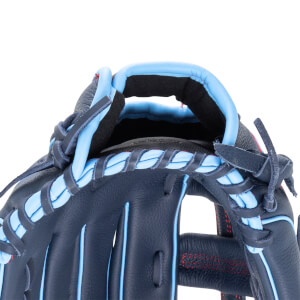 Close-up of a navy baseball glove's interior showing light blue padding and red stitching.
