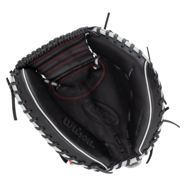 Top-down view of a black baseball glove with red stitching, white lacing, and "Wilson" and "A500" logos.