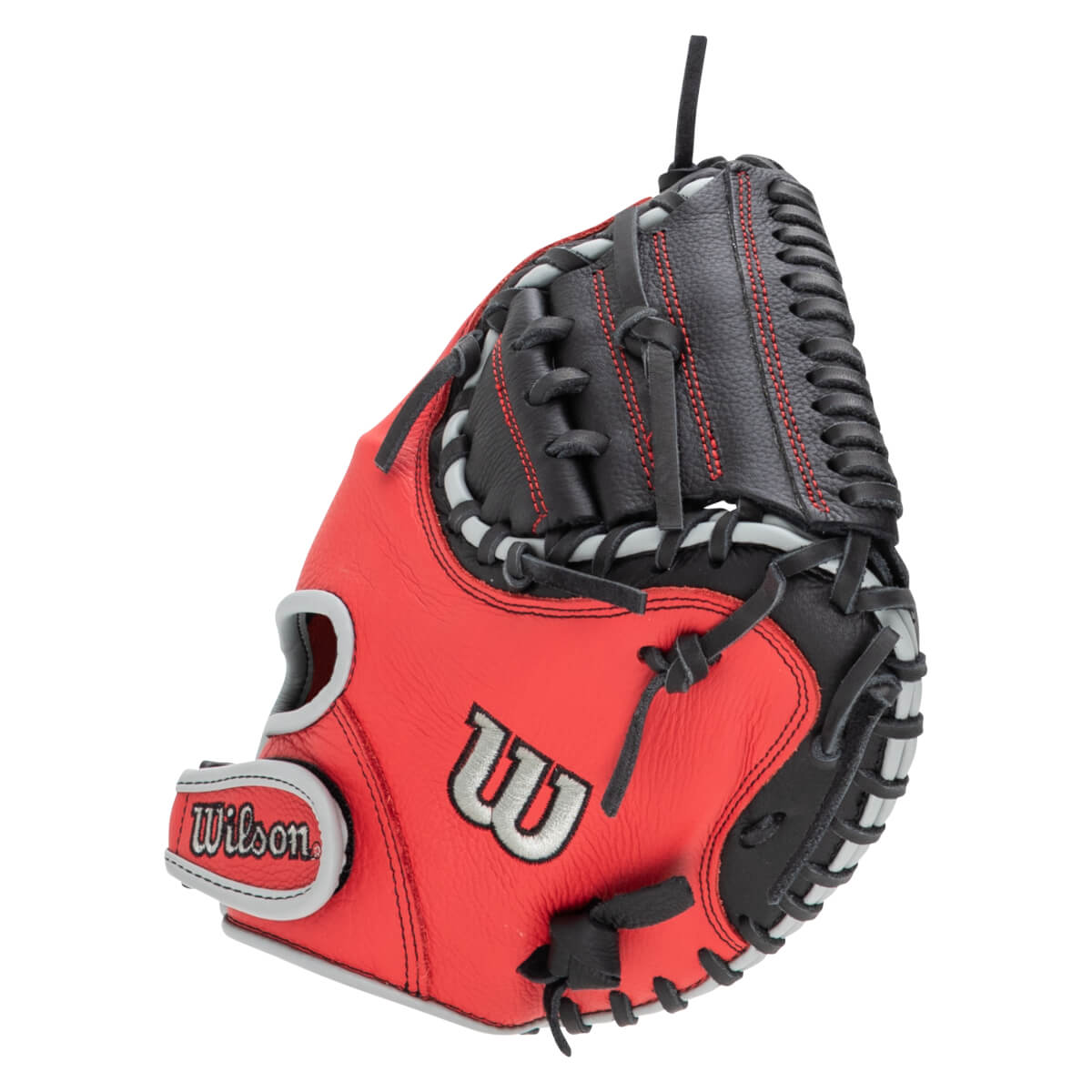 Side view of a red and black baseball glove with a "W" logo and "Wilson" text.