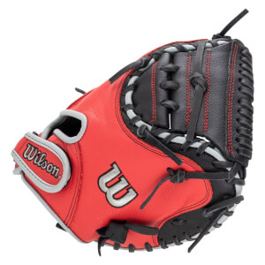 Top-down view of a red and black Wilson baseball glove with red stitching and a silver "W" logo.