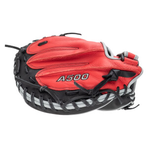 Side view of a red and black baseball glove with "A500" embroidered in white.