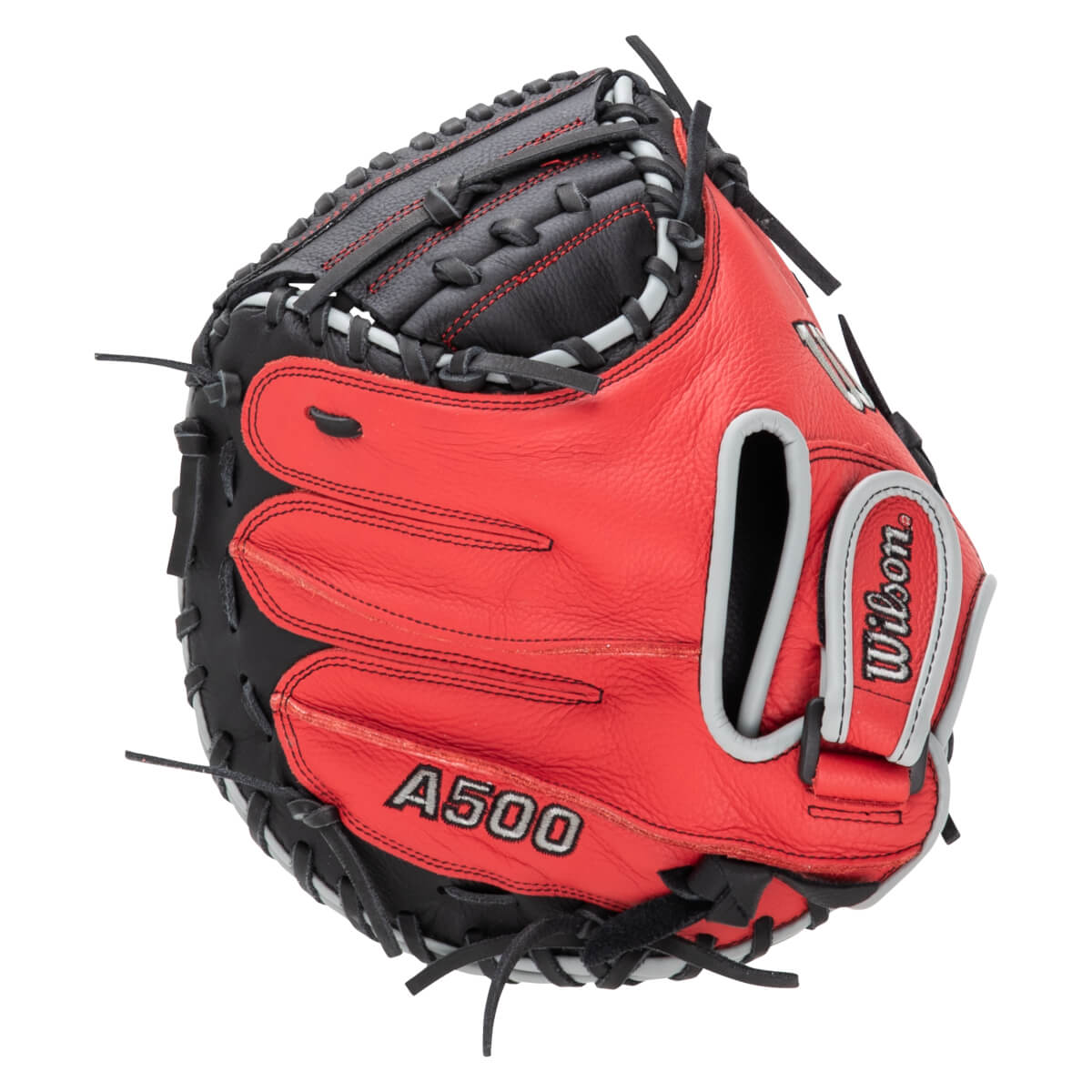 Top-down view of a red and black baseball glove with "A500" and "Wilson" visible.