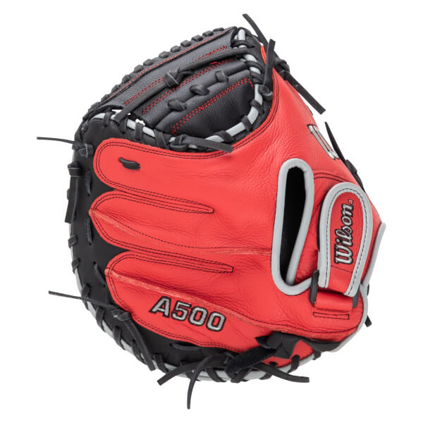 Top-down view of a red and black baseball glove with "A500" and "Wilson" visible.