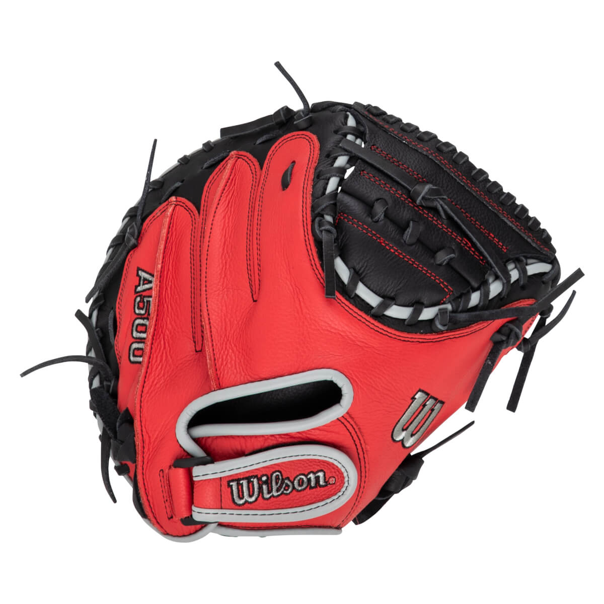 Top-down view of a red and black Wilson A500 baseball glove with white stitching and a grey trim.