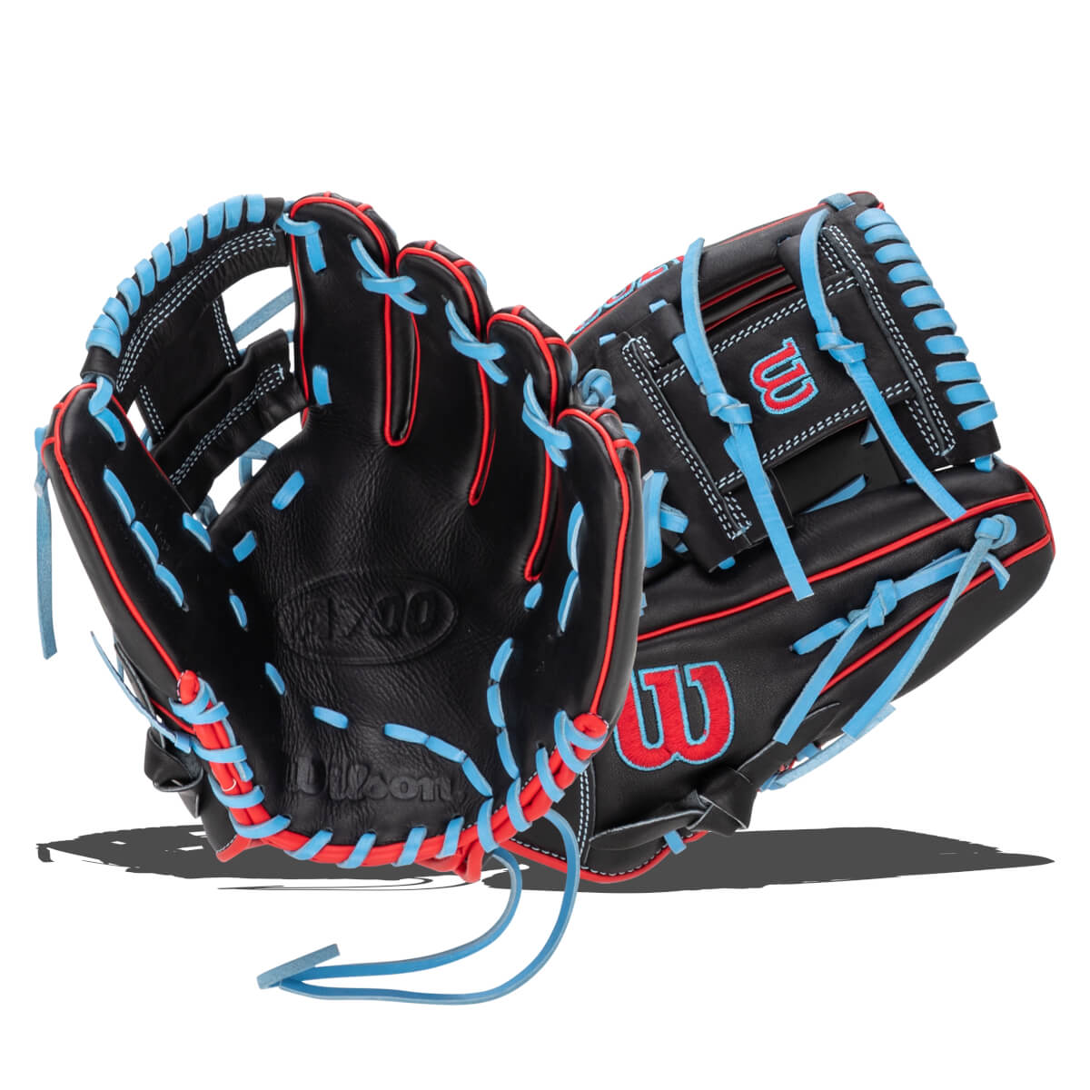 Front view of a black baseball glove with bright blue and red lacing, featuring a red "W" logo.