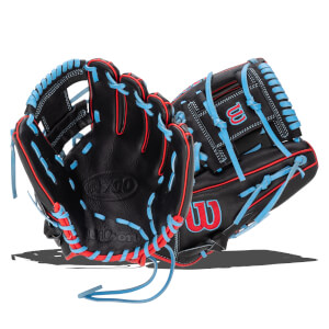 Front view of a black baseball glove with bright blue and red lacing, featuring a red "W" logo.
