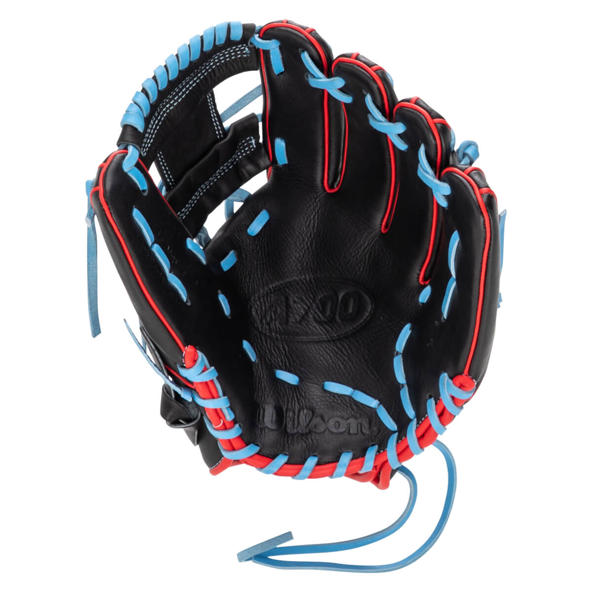 Inside view of a black baseball glove with red and blue lacing, showing the "Wilson" logo.