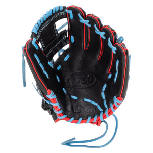 Inside view of a black baseball glove with red and blue lacing, showing the "Wilson" logo.