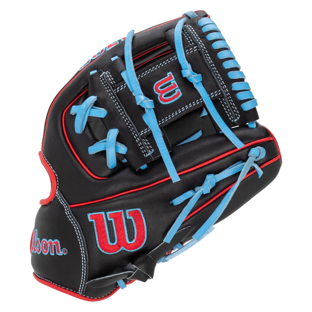 Side view of a black baseball glove with red piping, blue laces, and red "W" logos.