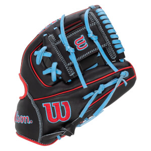 Side view of a black baseball glove with red piping, blue laces, and red "W" logos.