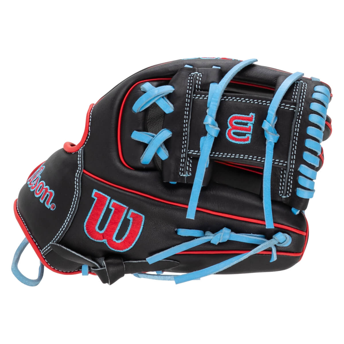 Front view of a black baseball glove with red trim, blue laces, and red "Wilson" and "W" logos.