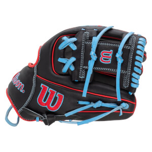Front view of a black baseball glove with red trim, blue laces, and red "Wilson" and "W" logos.