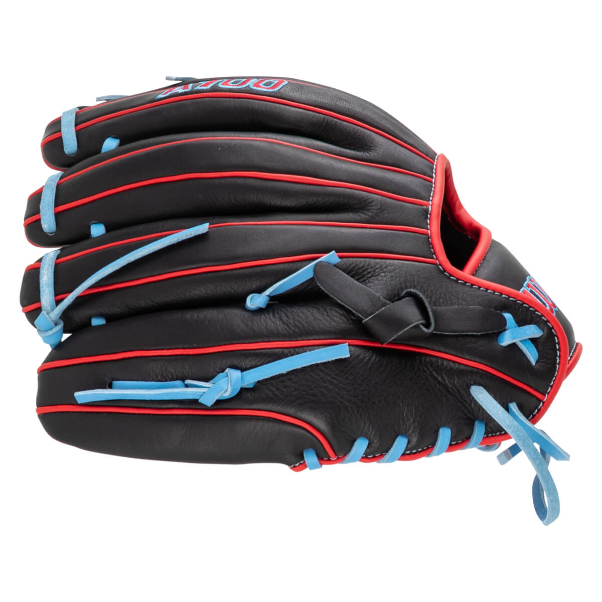 Side view of a black baseball glove with red piping and light blue laces, featuring "A2000" text.
