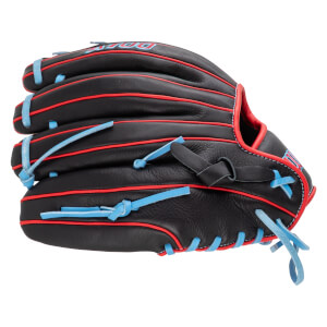 Side view of a black baseball glove with red piping and light blue laces, featuring "A2000" text.