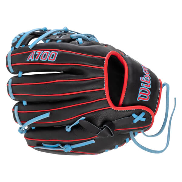 Side view of a black baseball glove with red and blue accents, featuring "A700" and "Wilson" logos.