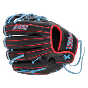 Side view of a black baseball glove with red and blue accents, featuring "A700" and "Wilson" logos.