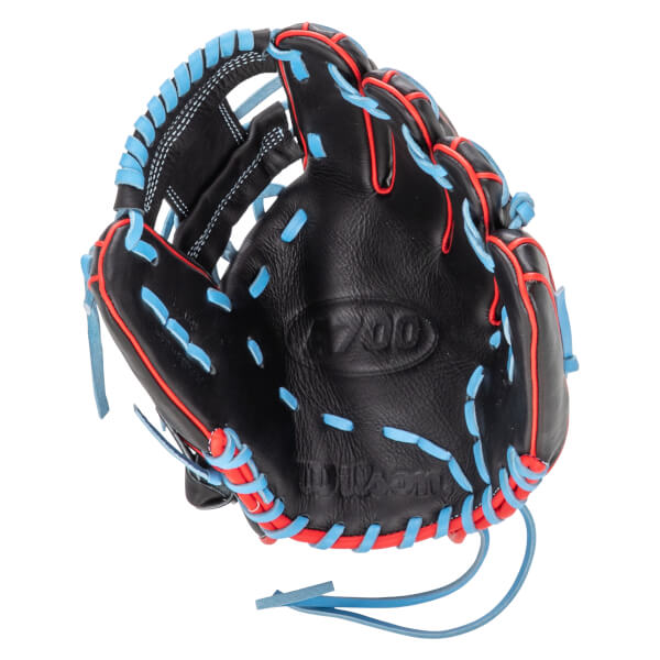 Top-down view of a black baseball glove with red and blue lacing, showing the "A700" and "Wilson" logos.