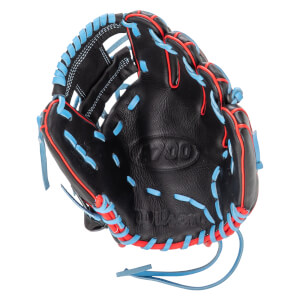 Top-down view of a black baseball glove with red and blue lacing, showing the "A700" and "Wilson" logos.
