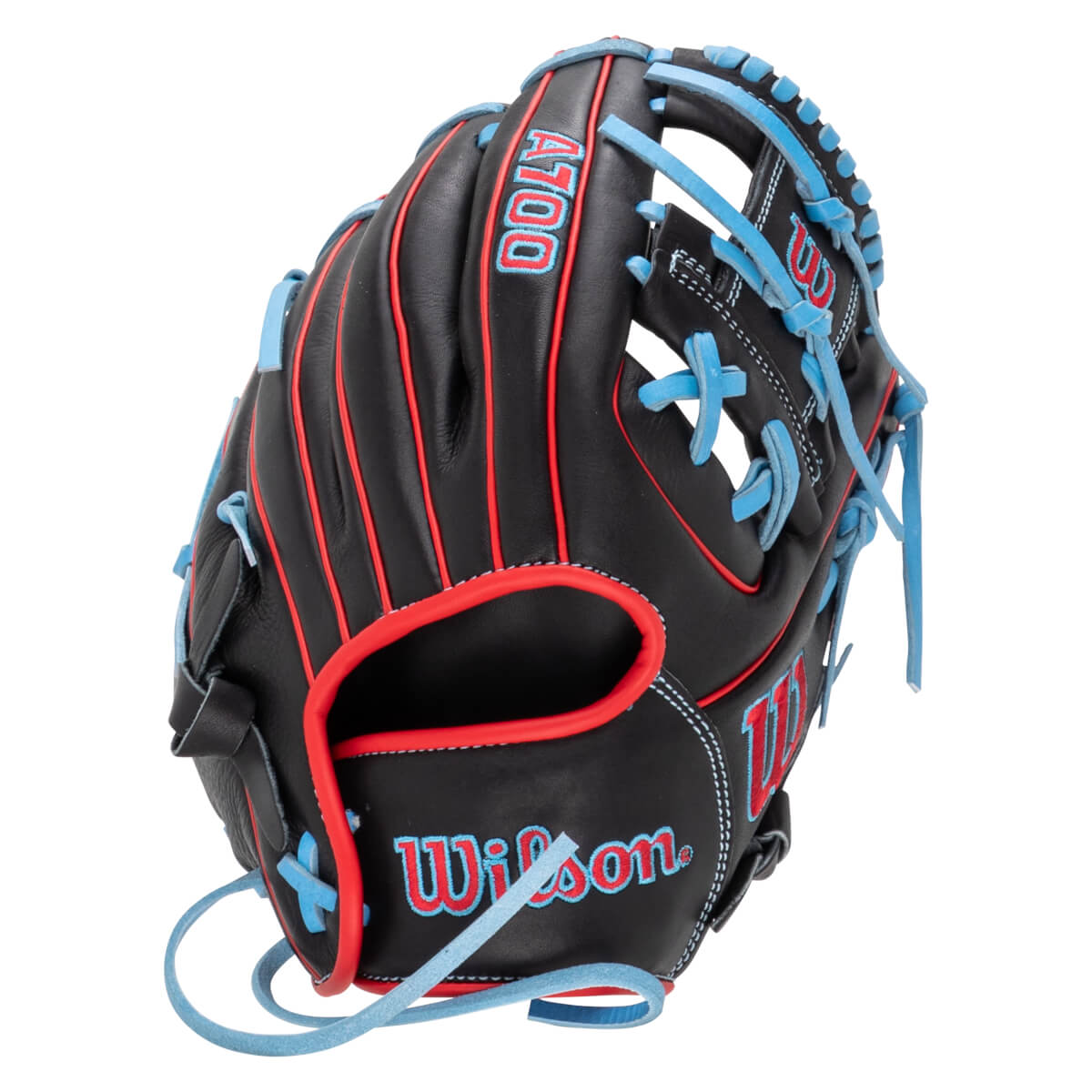 Side view of a black Wilson A100 glove with red and blue stitching and lacing.