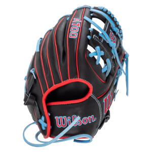 Side view of a black Wilson A100 glove with red and blue stitching and lacing.