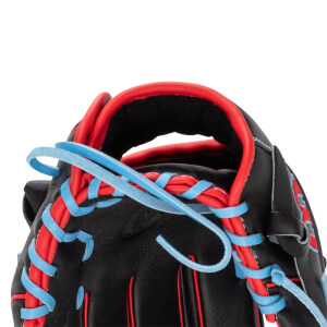 Close-up of a black baseball glove with red and light blue lacing.
