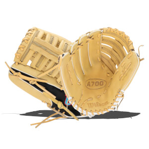 Angled view of a tan Wilson A700 baseball glove with white lacing and black accents.