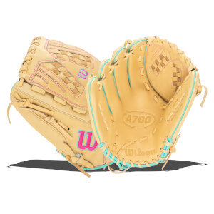Front view of two tan baseball gloves with pink and teal accents, showing the "Wilson" logo and "A700" model name.