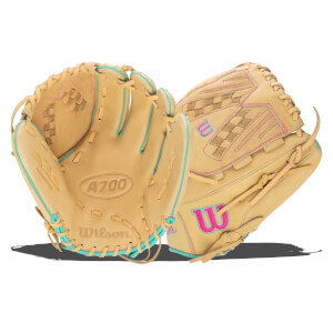 Front view of a tan Wilson A700 baseball glove with teal and pink accents and a woven palm detail.