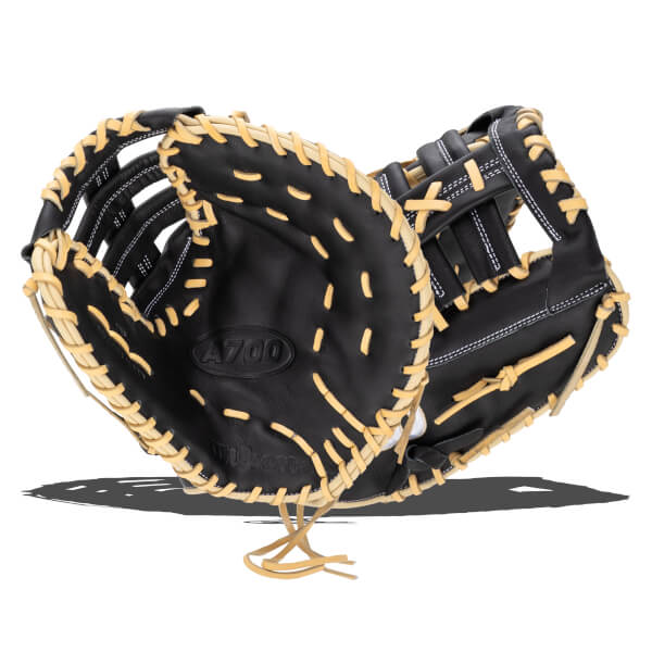 Front view of a black Wilson A700 baseball glove with tan lacing and white stitching.