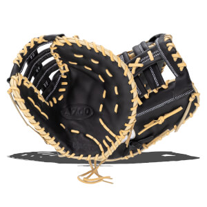 Front view of a black Wilson A700 baseball glove with tan lacing and white stitching.