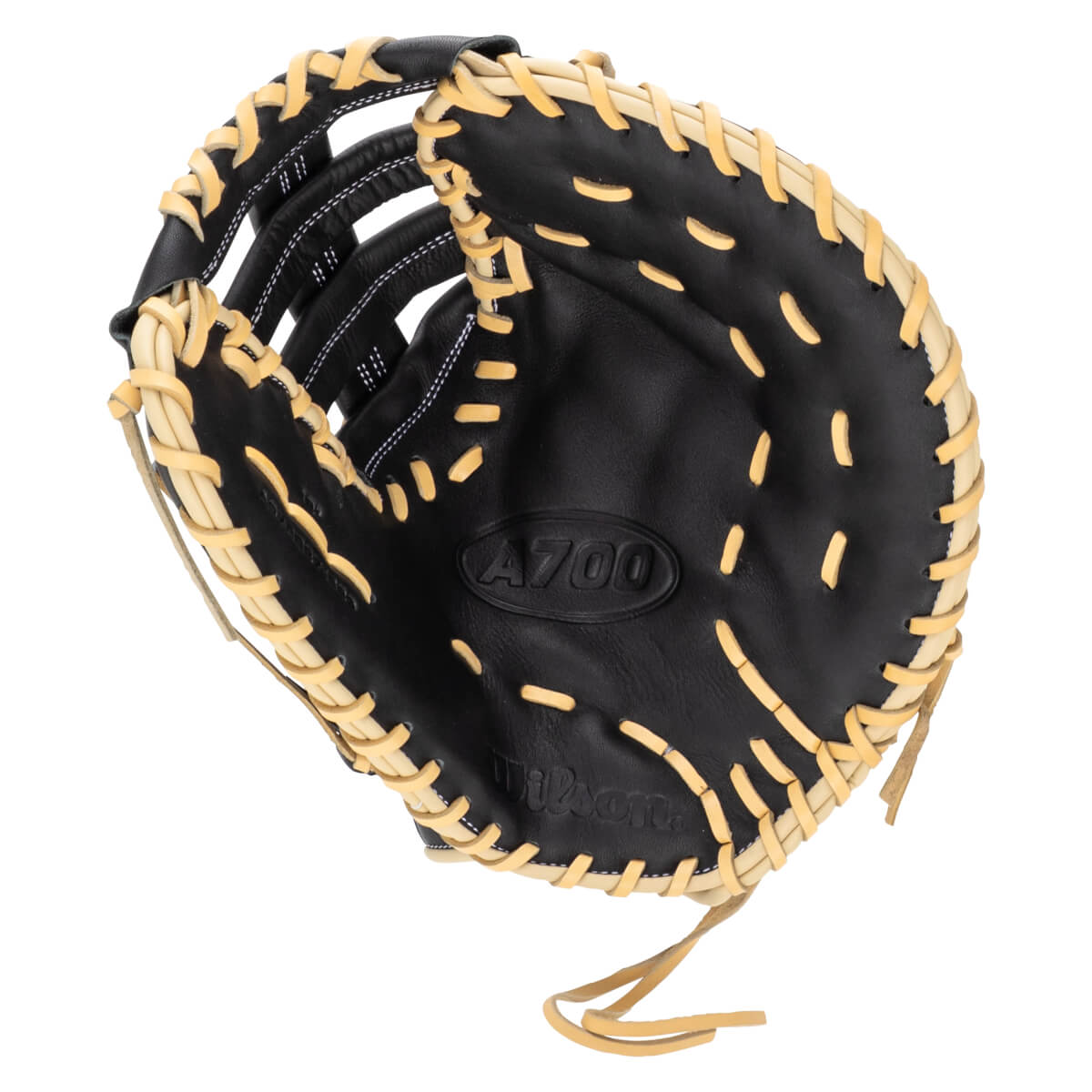 Top-down view of a black Wilson A700 baseball glove with tan lacing and white stitching.