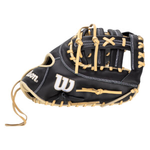 Side view of a black Wilson baseball glove with tan lacing and white stitching.