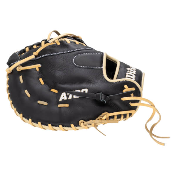 Side view of a black Wilson A2000 catcher's mitt with tan lacing and white stitching.