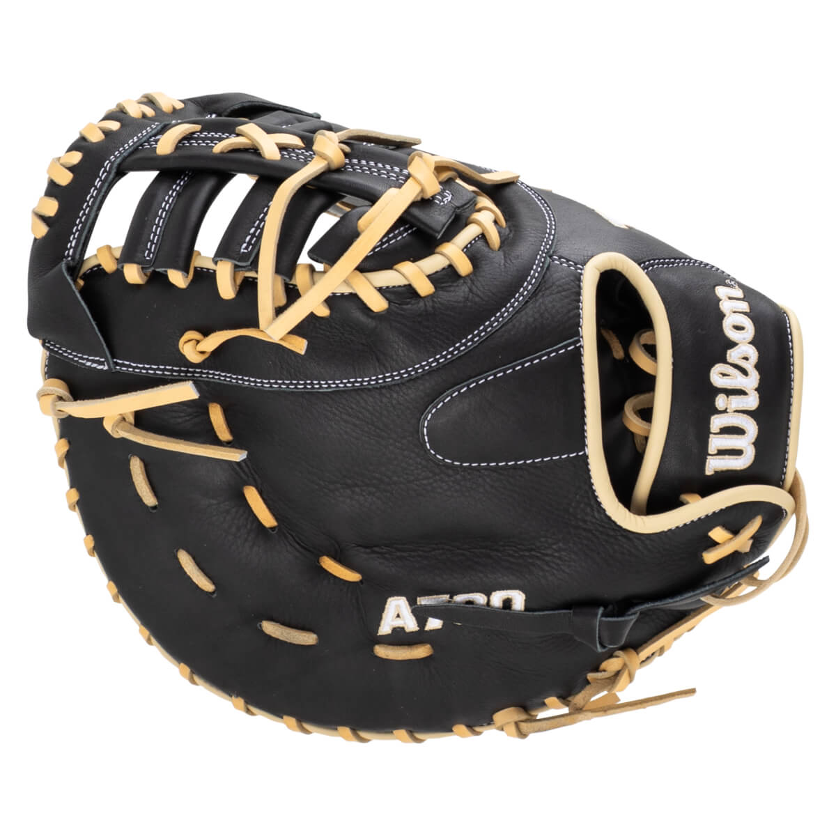 Front view of a black Wilson A2000 catcher's mitt with tan lacing and white stitching.